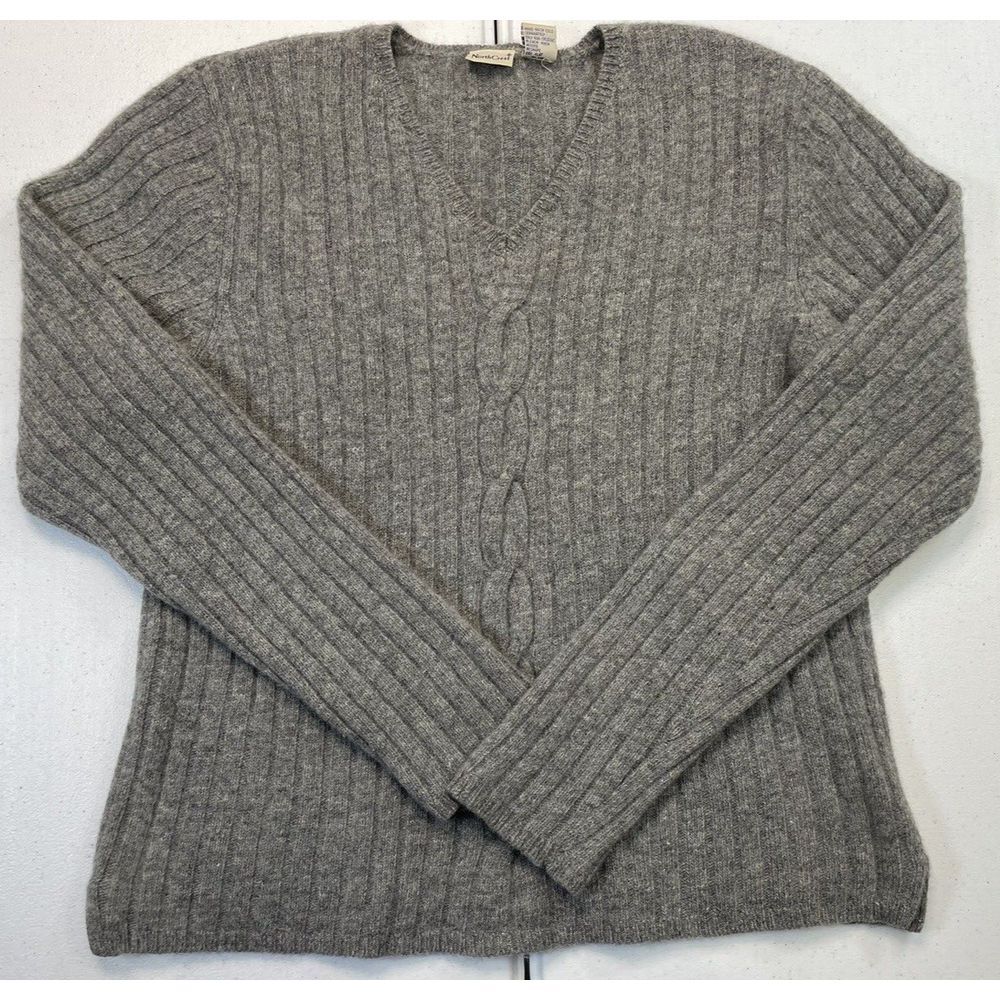 NorthCrest Lambswool Gray Ribbed Cable Knit V-Neck L/S‎ Sweater size L.